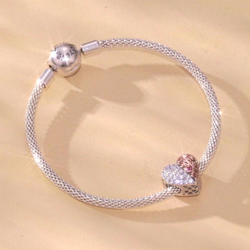 WOSTU Love You Mom Heart Beads 925 Sterling Silver & Rose Gold Family Bead Fit Original Bracelet