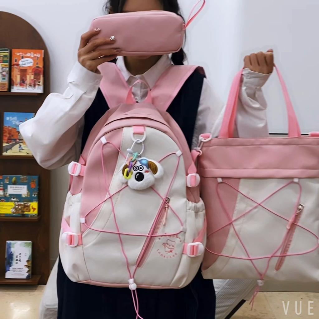 Three-Piece Backpack Set for Primary and Middle School Students Schoolbag Color Block Cartoon Backpack for Women Large Capacity Backpack
