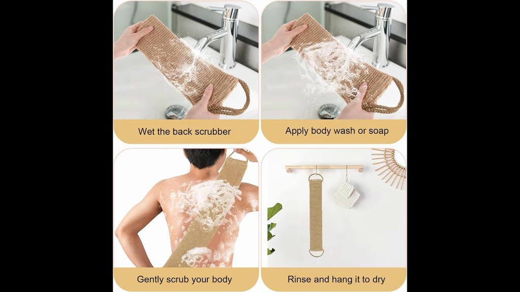 100% Natural Exfoliating Hemp Back Scrubber, Bath & Shower Body Brush Scrubber with Handle