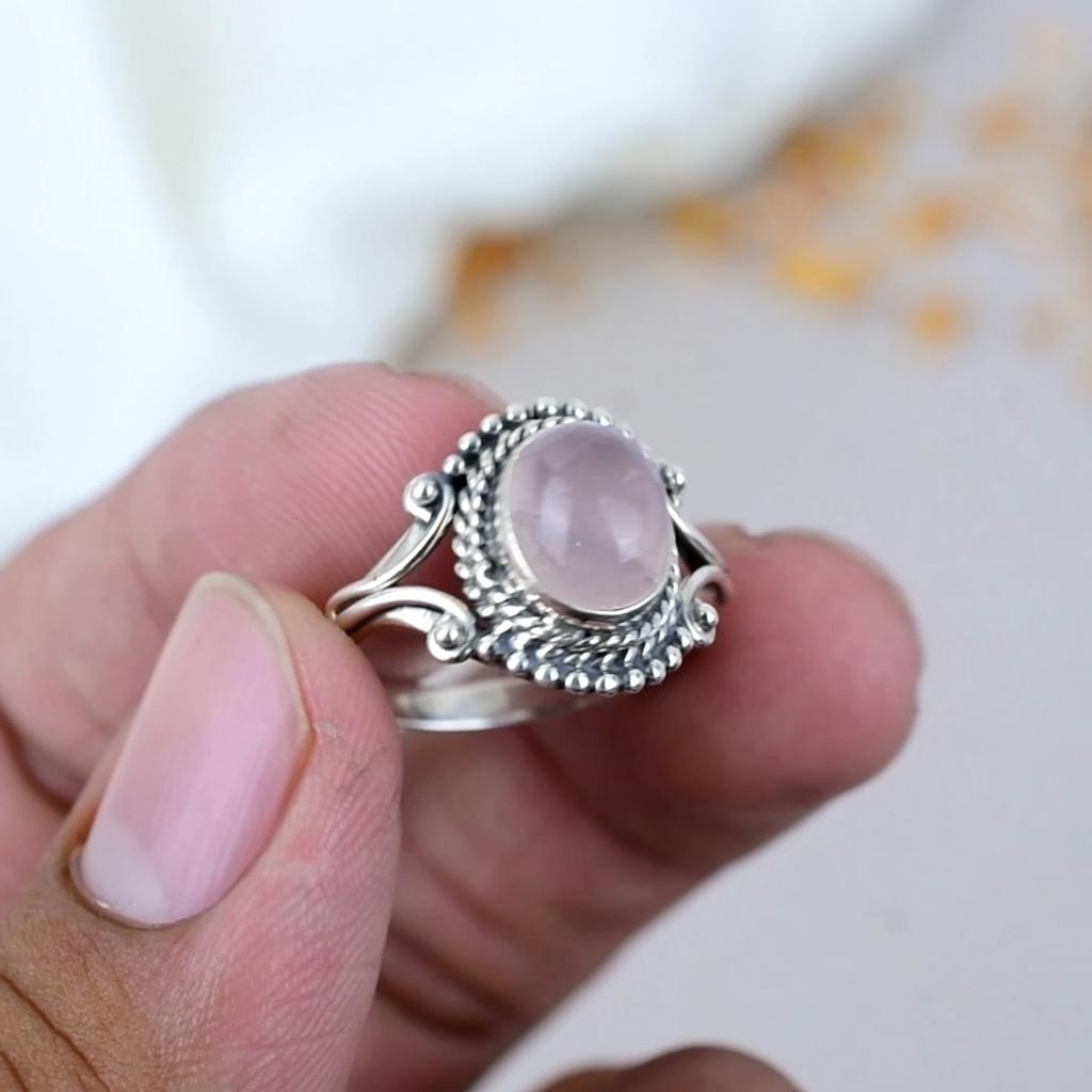 Rose Quartz 925 Sterling Silver Pink Gemstone Handmade Jewelry Bohemian Style Ring For Women