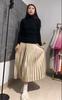 Women Maxi Skirt Elastic High Waist Pleated Skirt Solid Color Smooth Satin A-Line Skirt Work Leisure Wear