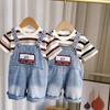 Boys' Suit Children's Striped Short Sleeved T-shirt Denim Overalls Two-piece Set Baby Cartoon Clothes