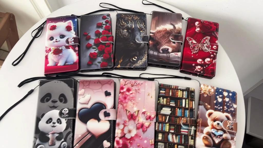 Handmade PU Leather Flip Case for Xiaomi 14T / Xiaomi 14T Pro Anti-Slip Shockproof Cover with Wrist Strap & Heart/Rose Cat Designs