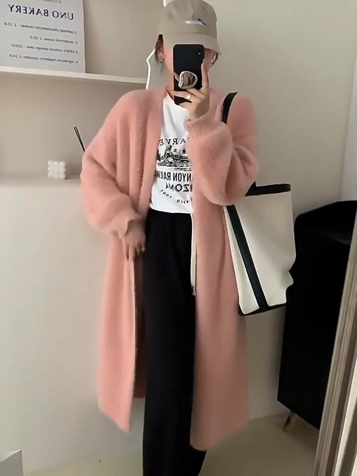 Женский кардиган из искусственной норки длиной выше колена, свободный повседневный утолщенный вязаный кардиган, куртка-свитер на осень и зиму