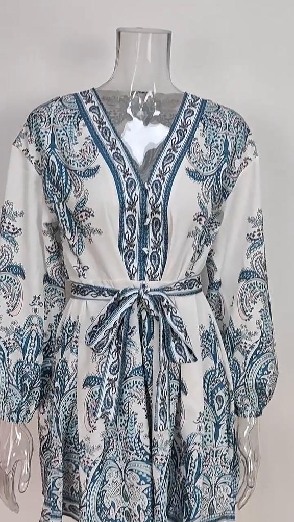 YYFS Women's Fashion Spring Fall Flower Pattern Print Long Sleeve V-Neck High Waist Casual Dresses