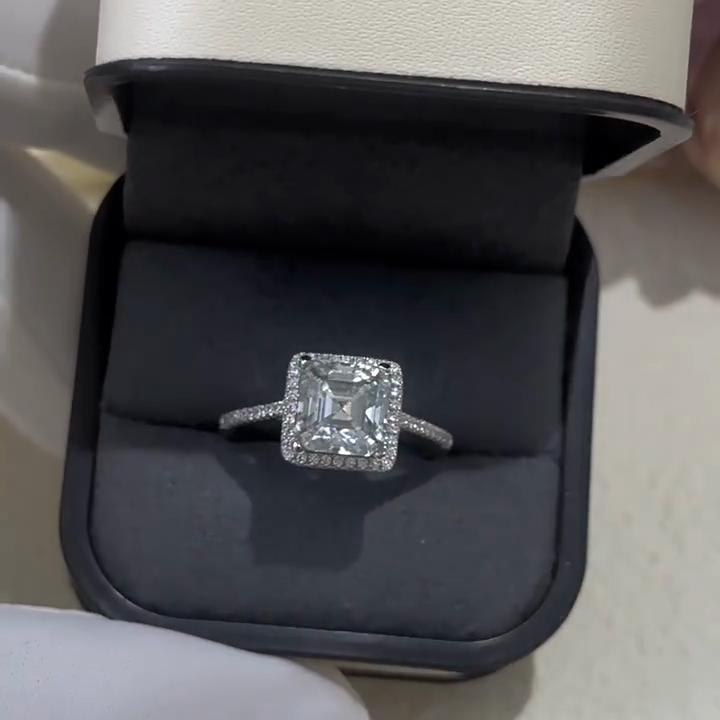 Vinregem Кольцо из стерлингового серебра 925 пробы, 3EX VVS1, цвет Asscher Cut, 8 мм, 2,5 карата, настоящий муассанит с бриллиантами, кольцо с цветком для женщин, свадебная вечеринка, ювелирные изделия, подарки