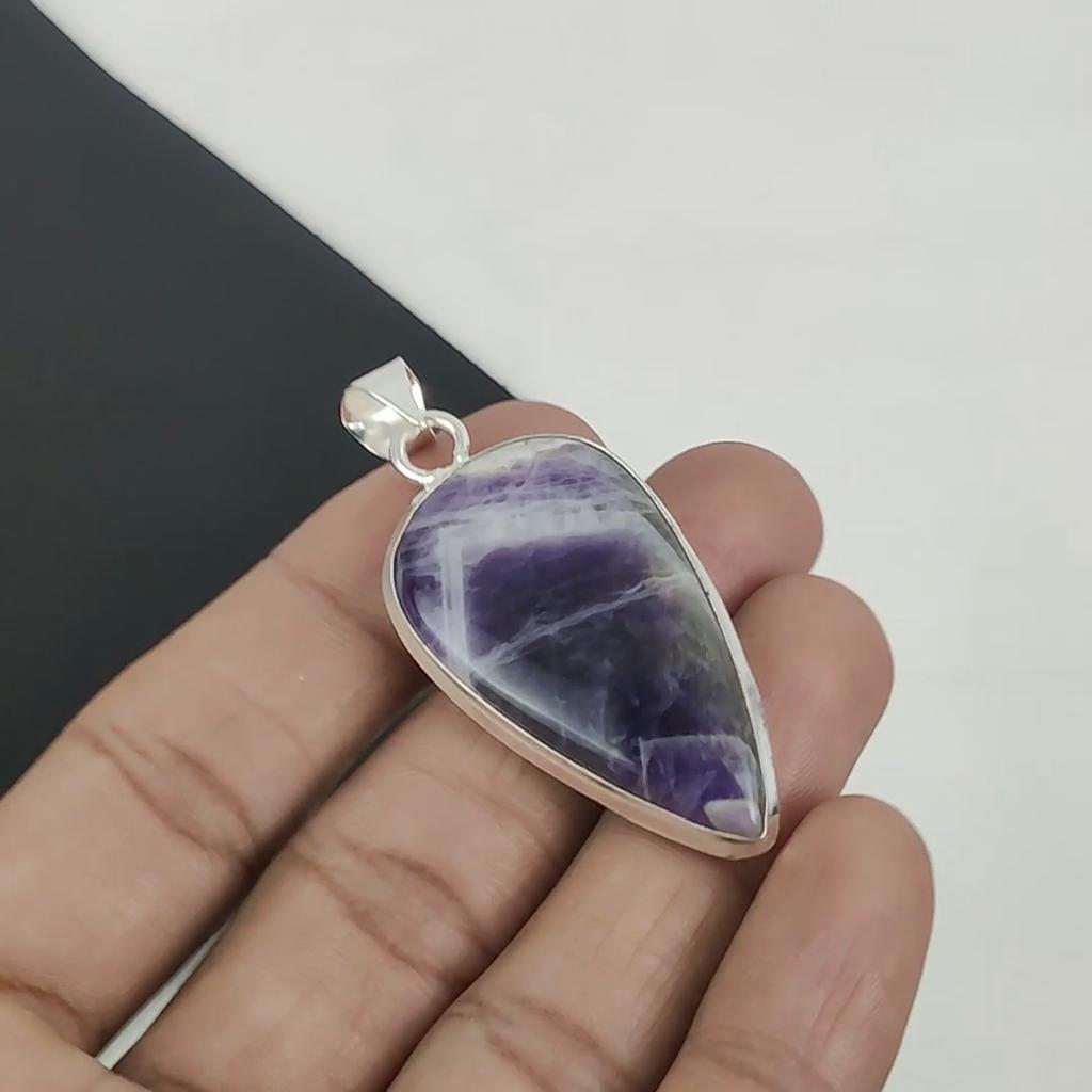 Chevron Amethyst Gemstone Silver Pendant In 925 Sterling Silver - Handmade Pear Design, Everyday Wear Jewelry Party Wear Gift