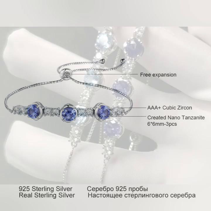 Три 6 мм круглых нано-танзанита 925 пробы регулируемый браслет из стерлингового серебра 925 пробы модные ювелирные изделия женские браслеты из серебра 925 пробы с белым кубическим цирконием