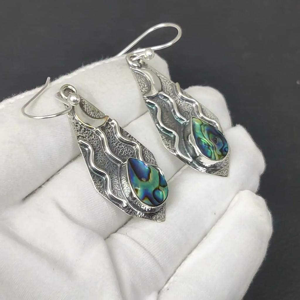 Natural Abalone Shell Gemstone Earrings, 925 Sterling Silver Earring, Handmade Boho Silver Jewelry Dangle Earrings, Birthday Gifts
