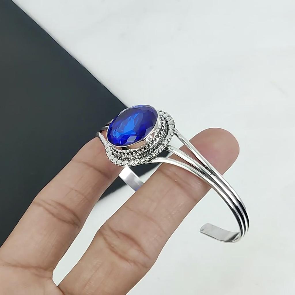 Dainty Blue Sapphire Gemstone Handmade Cuff Bangle 925 Sterling Silver Cuff Bangle, Blue Sapphire Cuff Bangle For Wife , Unisex Bangle, Gift