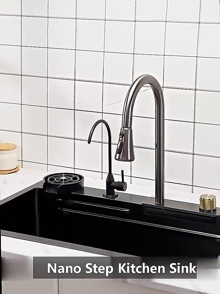 Multifunction Black Nano Kitchen Sink Waterfall Faucet Large Single Bowl Cup Washer Pure Tap Soap Dispenser 304 Stainless Steel