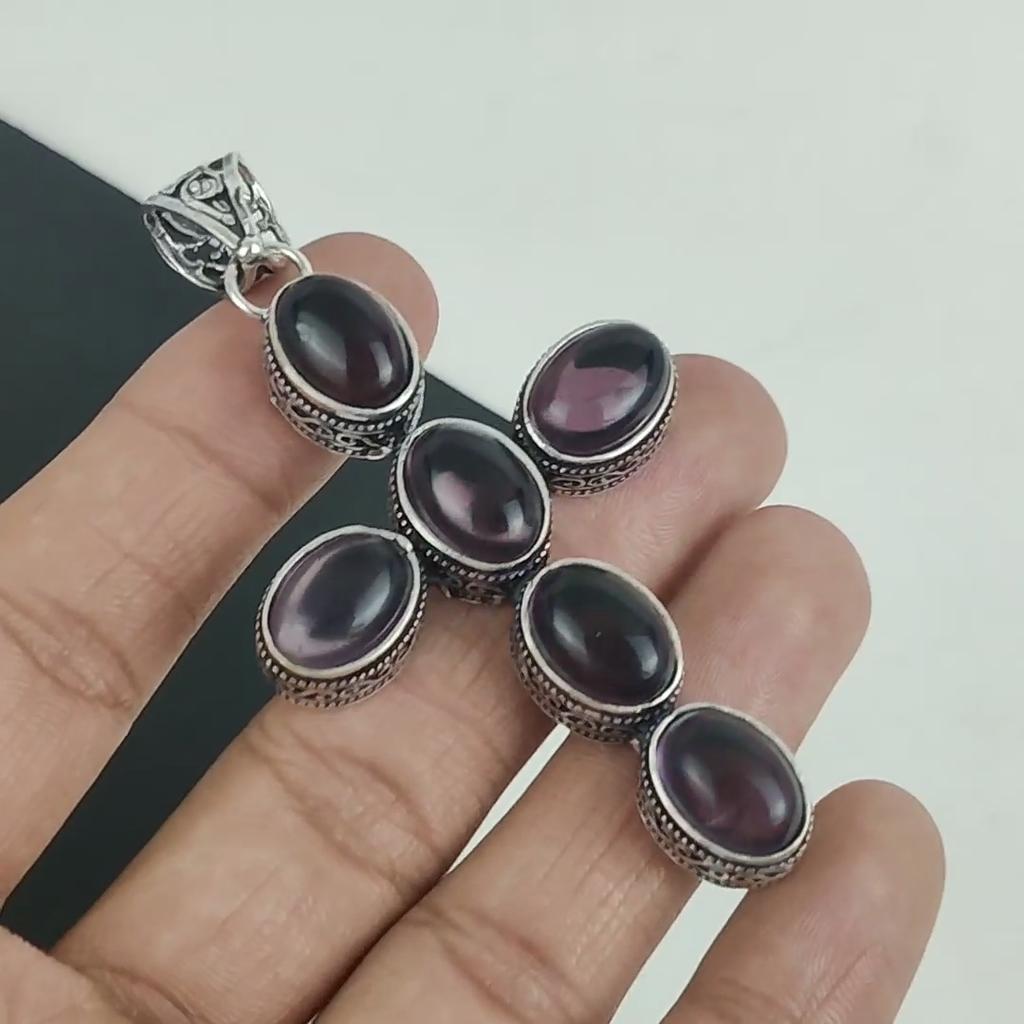 Подвеска с драгоценным камнем темный аметист, серебро 925 пробы - дизайн креста ручной работы, повседневные украшения, уникальные подарки с подвеской темный аметист