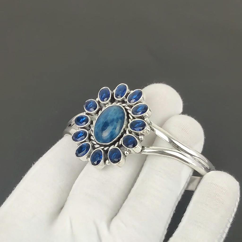 Натуральный Содалит Драгоценный Камень Ручной Работы Манжета Браслет 925 Стерлинговое Серебро Манжета Браслет, Браслет в Форме Цветка с Синим Сапфиром Для Жены, Унисекс Браслет