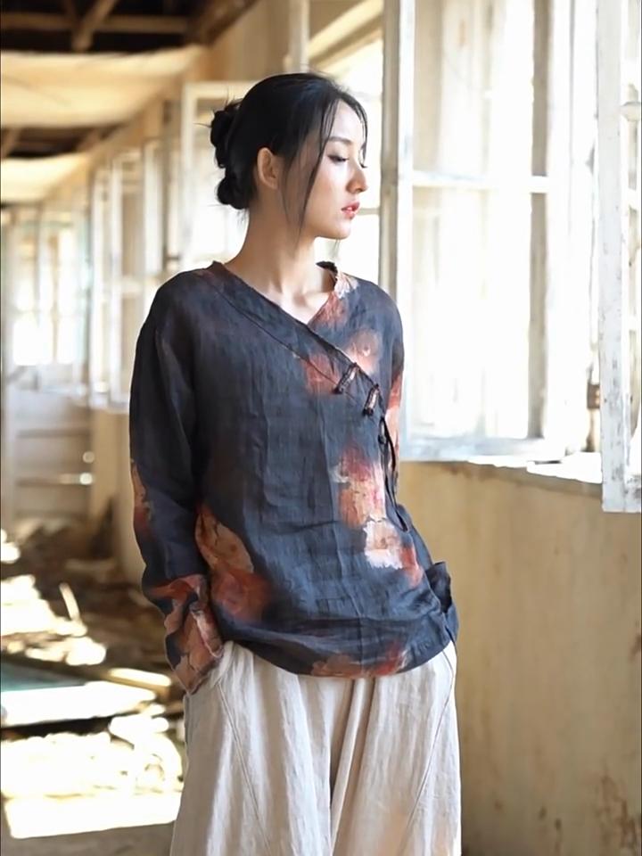 Johnature Women Chinese Style Shirts Tops V-Neck Long Sleeve Spring Print Floral Blouses Women Vintage Ramie Shirt