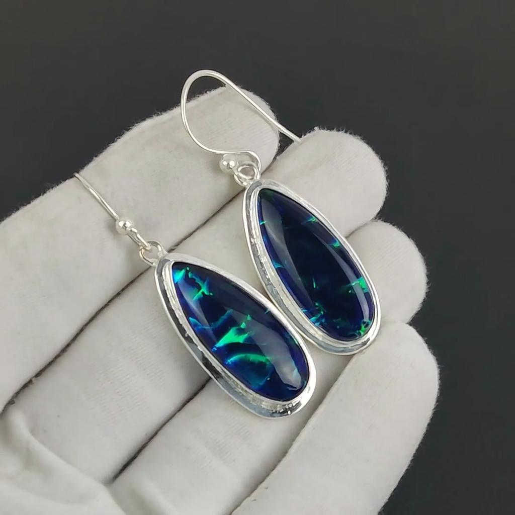 Серьги с темно-синим триплетом огненного опала, серьги из стерлингового серебра 925 пробы, серьги-подвески ручной работы в стиле бохо из серебра, подарок на День матери