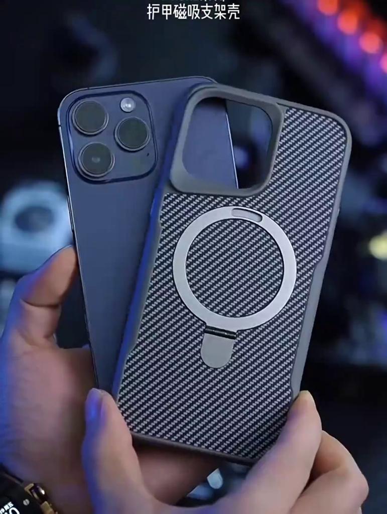 Luxury Soft Rubber Frame Magsafe Phone Case For iPhone 13 15 12 14 16 Pro Max Metal Bracket Carbon Fiber Textured Backplate Cover