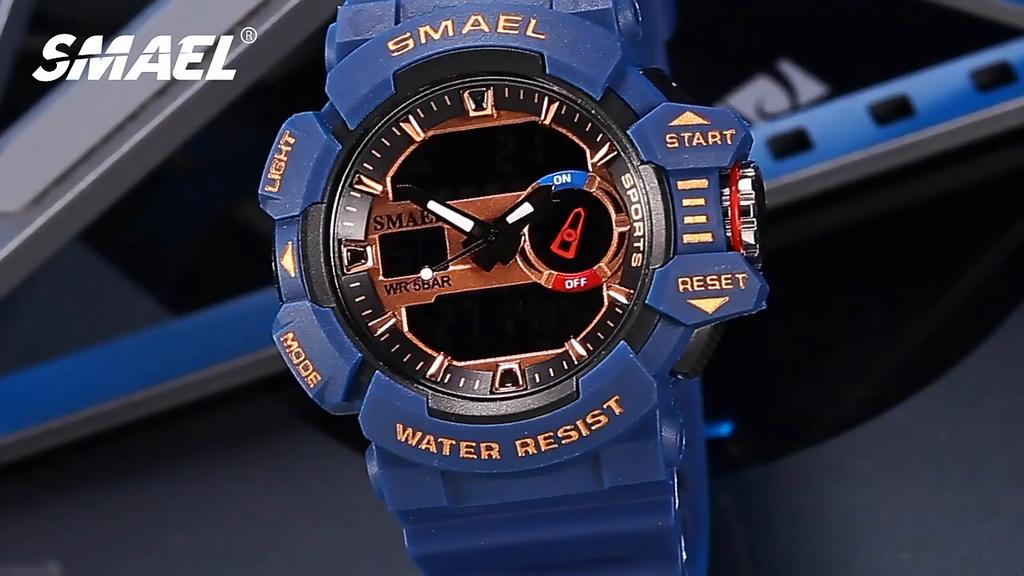 SMAEL Военные часы для мужчин, водонепроницаемые часы 50 м, цифровые наручные часы со светящимися стрелками, черный золотой резиновый браслет, 8043, спортивные часы