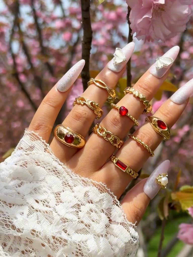 Набор модных геометрических колец в корейском стиле из 9 штук с ретро цветными камнями и металлической резьбой, подходит для женских украшений