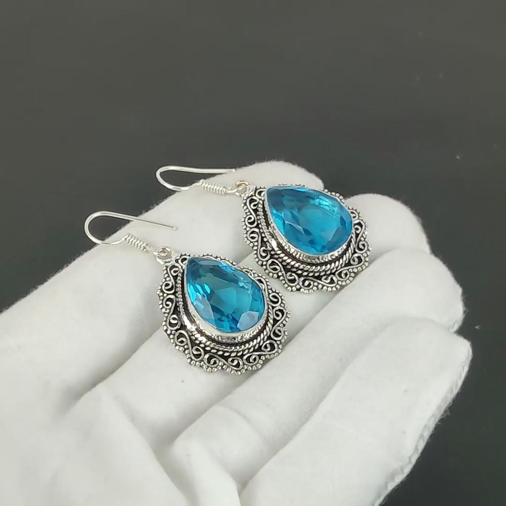 Beautiful Blue Topaz Gemstone Earrings, 925 Sterling Silver Earrings, Silver Earrings For Gift, Blue Topaz Dangle Drop Earrings For Christmas Gifts