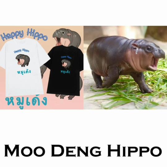 Moo Deng Tiny Baby Hippo Star Thailand Cute Pygmy Hippo Unisex Men Women Kid T-Shirt Print Short Sleeve Round Neck
