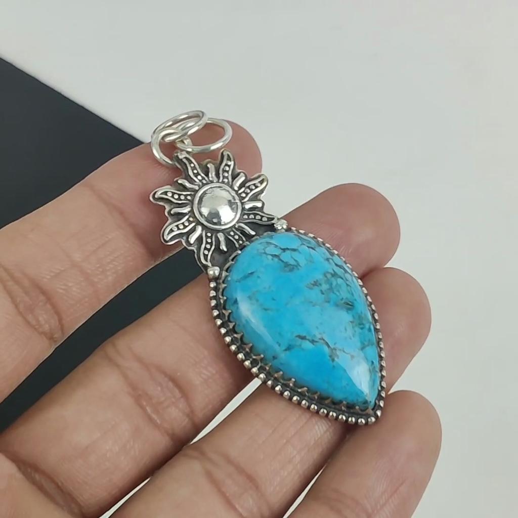Подвеска из натурального бирюзового драгоценного камня, серебро 925 пробы - Дизайн ручной работы, Ювелирное украшение для повседневной носки, Уникальная бирюзовая подвеска, Подарки на свадьбу