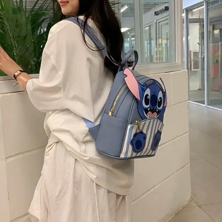 Lilo Stitch Adorable Striped Monster Design Pu Travel Backpack For Girls
