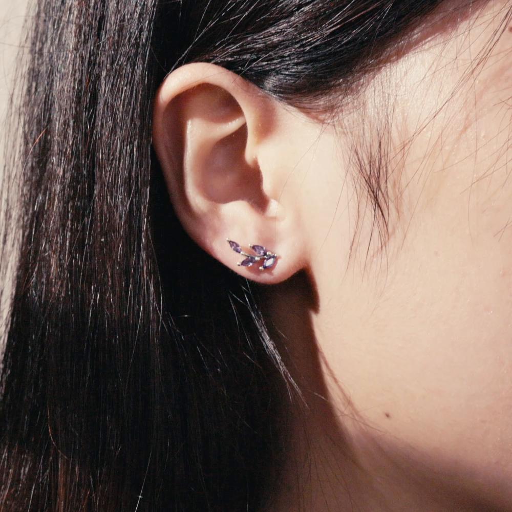 WOSTU 925 Sterling Silver Purple Branch Leaf Stud Earrings for Women Trendy Shiny Zircon Plant Earrings Fine Jewelry Gifts