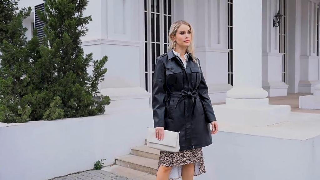 Women's PU Leather Trench Coat with Belt, Multi-Color Mid-Length Lapel Leather Jacket for Women, Fashionable European and American Style Outerwear