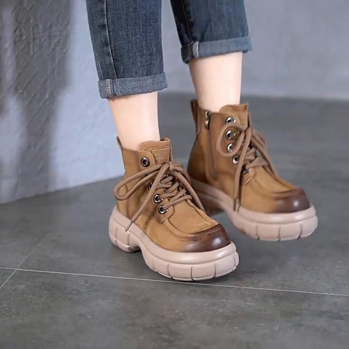 Johnature Genuine Leather Thick Sole Boots Vintage Versatile Lace Up Cowhide Short Boots