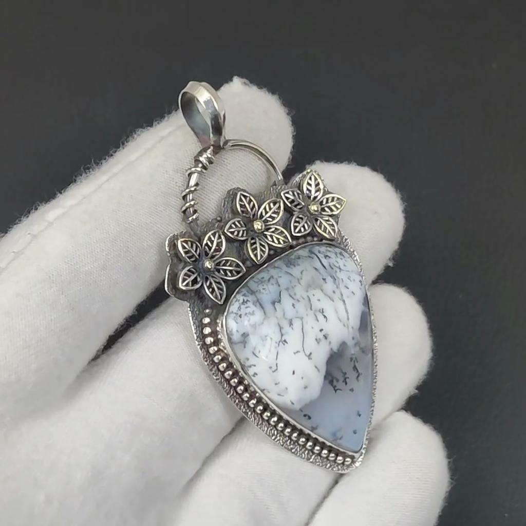 Серебряный кулон с натуральным опалом-дендритом из стерлингового серебра 925 пробы — цветочный дизайн ручной работы, повседневные украшения, уникальный кулон, подарок на День благодарения