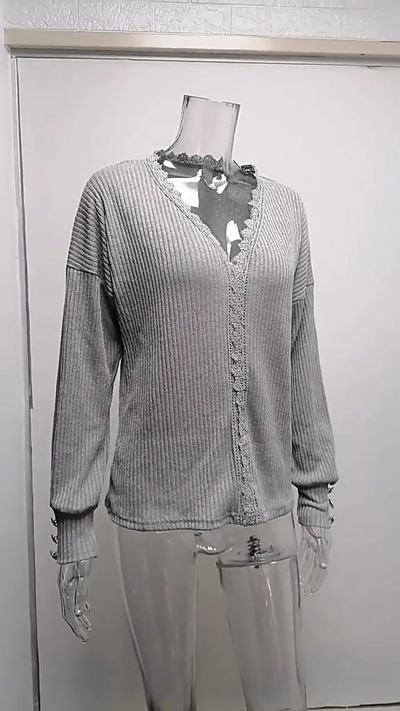 Women's Lace V-neck Sweater Ladies Loose Long Sleeve Solid Color Sweater