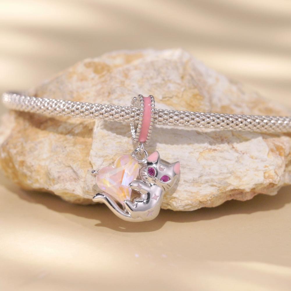 BAMOER Стерлингового Серебра 925 пробы кошка подвеска из бисера сердце подвески для женщин оригинальный браслет ожерелье ювелирные изделия