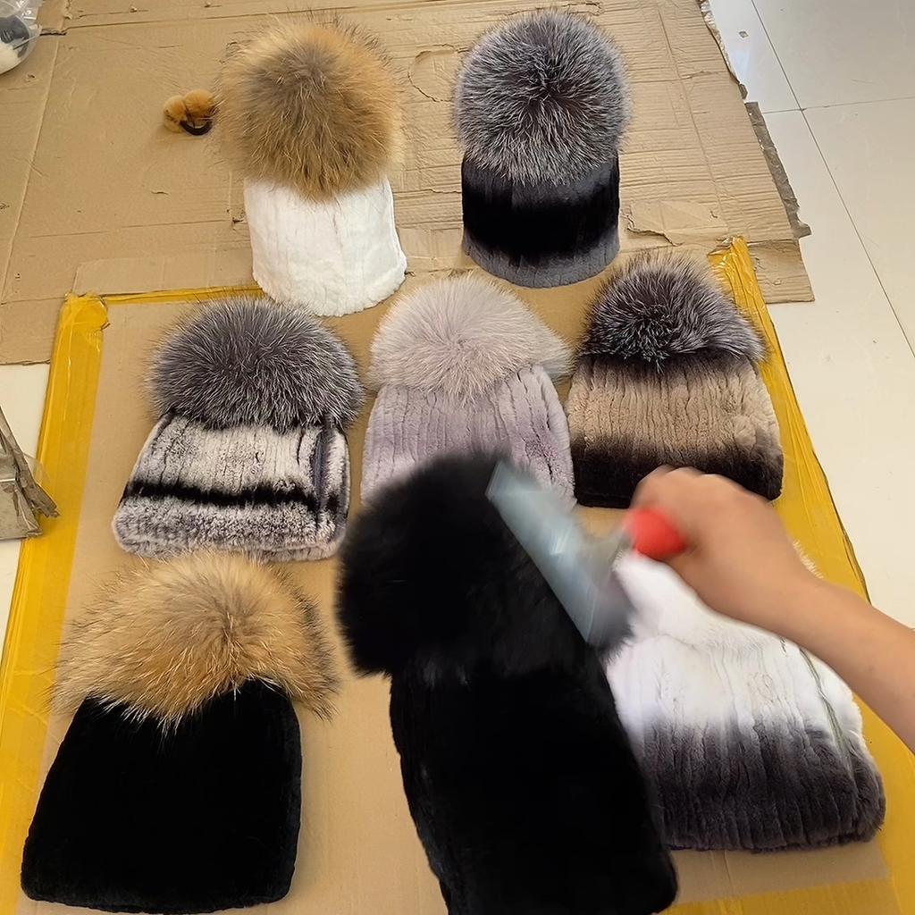 Зимняя теплая меховая шапка с помпоном, шариковая шапка из натурального меха кролика рекс, лисы, пушистая женская шапка