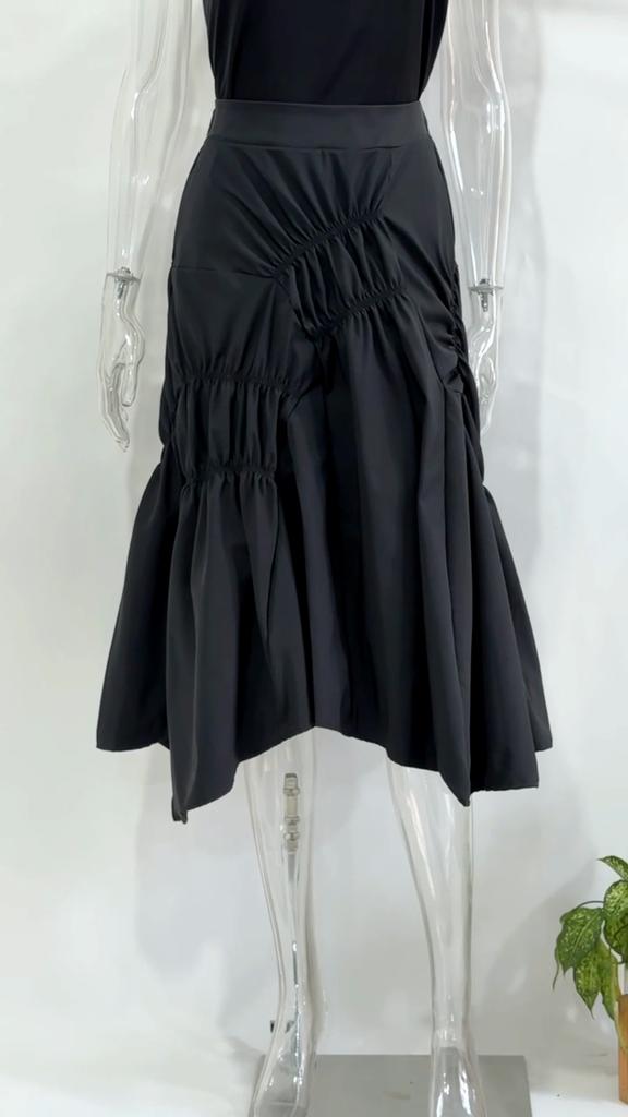 Qooth Women Ins Solid Color Pleated Asymmetrical A-line Skirt Casual High Waist Mid-length Long Skirt For Spring Summer QT2044