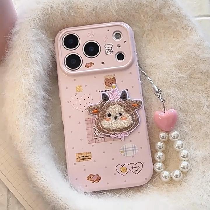 Чехол для телефона с цепочкой для iPhone 17 16 15 14 13 12 Pro MAX 11 Мультяшная вышивка Плюшевая наклейка с овечкой Ударопрочный мягкий чехол для телефона
