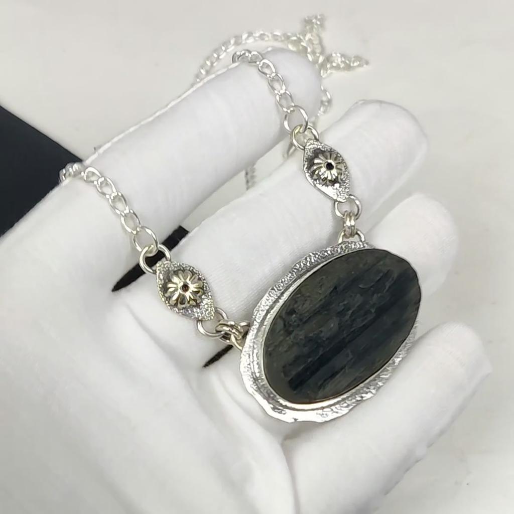 Natural Black Tourmaline Gemstone Handmade 925 Sterling Silver Electroform Necklace, Black Tourmaline Silver For Wife Unisex Pendant Party Wear Gifts