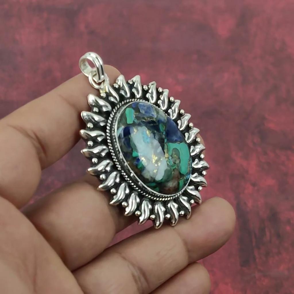 Copper Azurite Malachite Pendant, 925 Solid Sterling Silver Gemstone Jewelry, Handmade Pendant, For Memorial Day