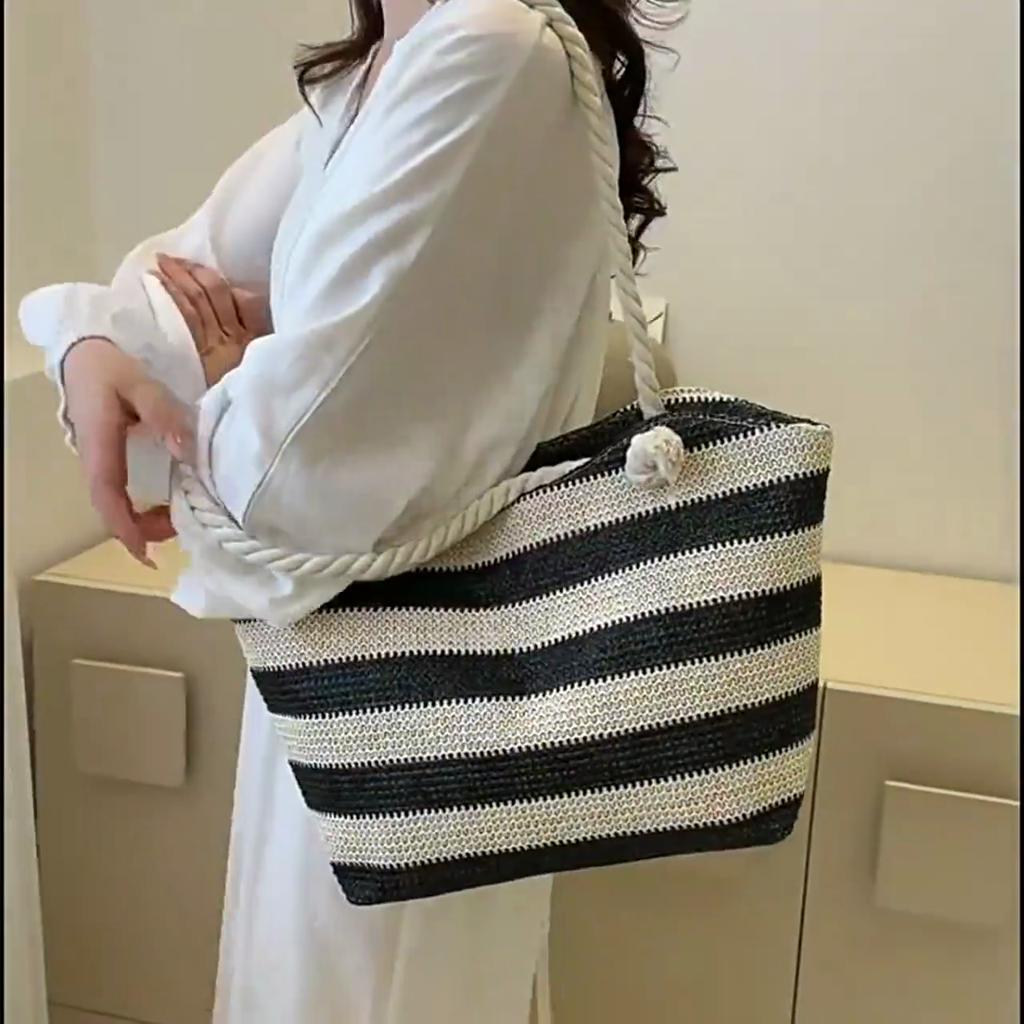Yogodlns Женская тканая пляжная сумка большой емкости, полосатые сумки на молнии, соломенная сумка в стиле ретро, женская летняя повседневная сумка