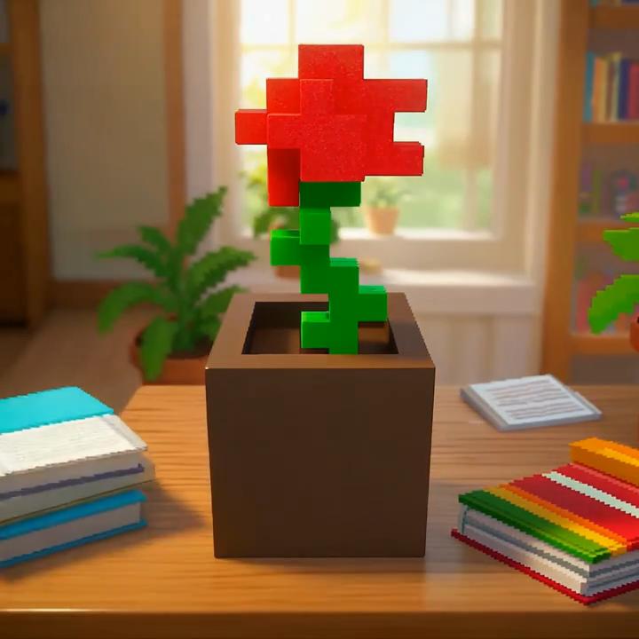 Pixel Rose Flower Decoration Unique 3D Printed Flower Plastic Flower Nightstands Desktops Office Desk Decor Furniture Decorations No Power Required