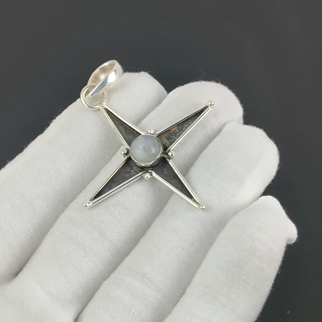 Серебряный кулон с радужным лунным камнем из стерлингового серебра 925 пробы — дизайн звезды ручной работы, повседневные украшения, уникальные дизайнерские подарочные подвески