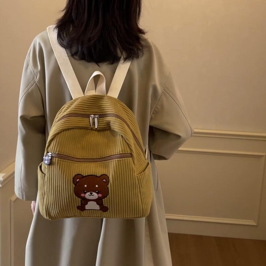 Bear Backpack Corduroy Student Schoolbag Women Cartoon Backpack
