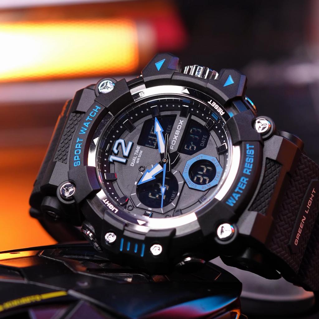 LIGE x FOXBOX Брендовые модные мужские часы с цифровым двойным дисплеем, светящиеся водонепроницаемые спортивные часы с будильником