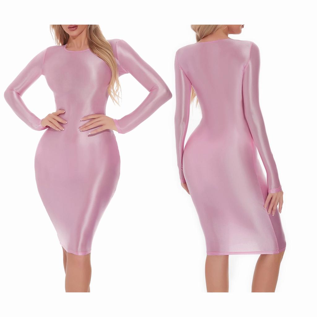 Women Oil-shiny Smooth Pencil Bodycon Dress Hip Wrap Miniskrt for Club Dating Disco Music Rave Party Costume Sexy Nightwear