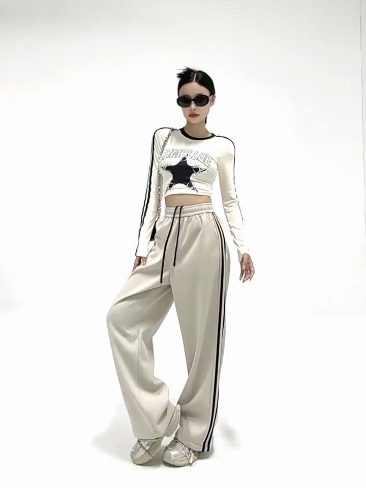 Women's Y2K Striped Drawstring Casual Pants Sweatpants Jogging Wide Leg Track Pants For Women Streetwear Trousers