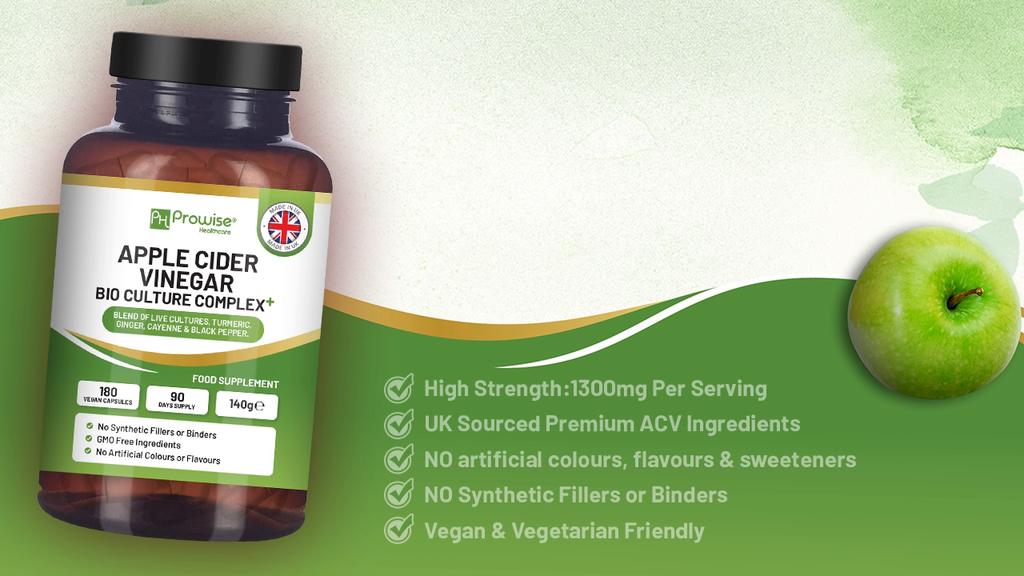 Apple Cider Vinegar with Bio Cultures Complex 1300mg 180 Capsules I Vegan I Made In UK by Prowise