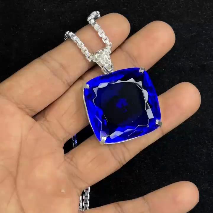 Natural Blue Topaz Pendant 120 ct 925 Sterling Silver Square Cut Gemstone Jewelry Gift