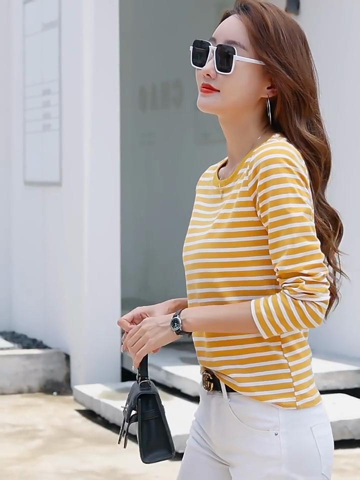 Striped V Neck T-shirt Casual Long Sleeve Top For Spring Fall Women's Clothing