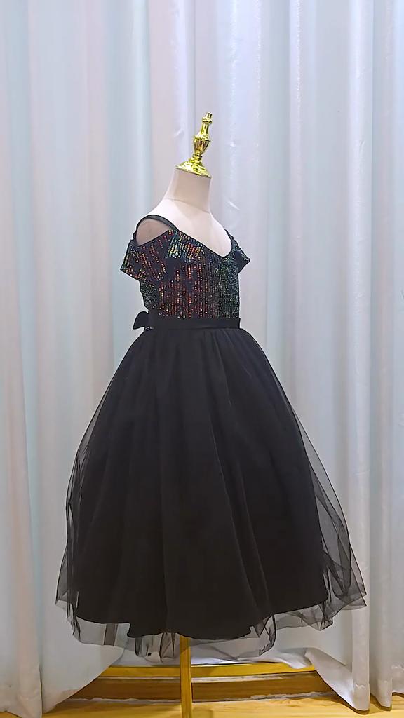 Fluffy Sequins Princess Girls Dress Bridemaids Bow Tulle Wedding Kids Party Dresses for Girl Off Shoulder Pageant Birthday Gown