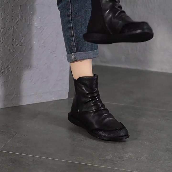 Johnature Retro Genuine Leather Flat Bottom Short Boots Round Toe Side Zipper Solid Color Women's Boots