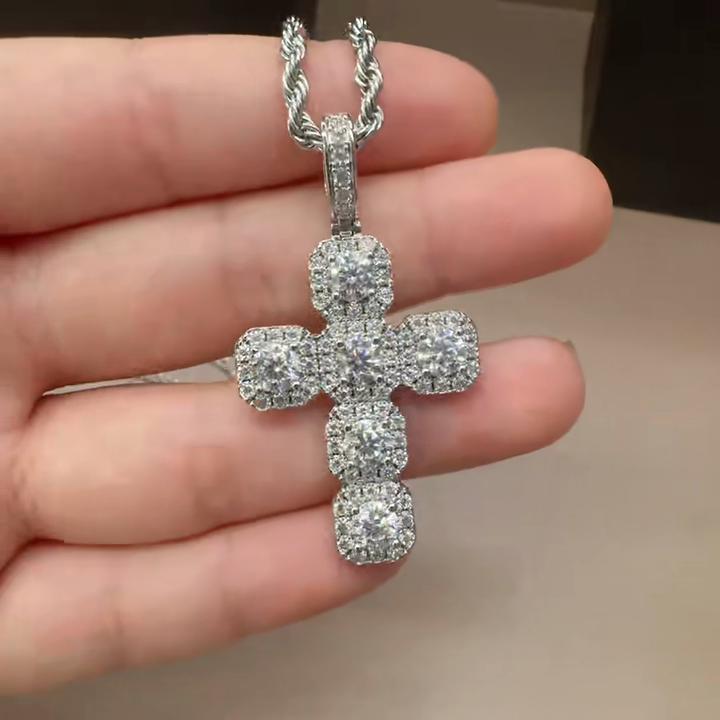 Iced Out Cushion Cross Pendant Necklace Moissanite Gold Plated Copper Hip Hop Jewelry For Men Women